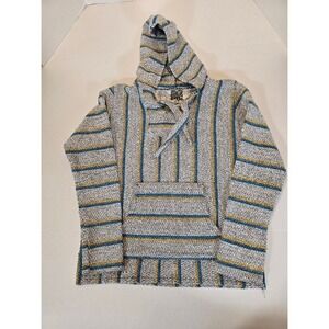 Original Senior Lopez Baja‎ Poncho Hoodie Pullover Striped Gray Blue Mens M